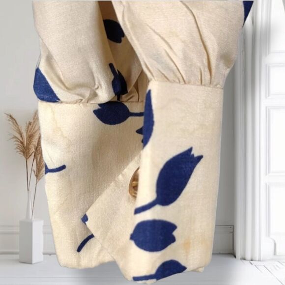 Vintage 70s Secretary Midi Dress Size 8 Blue Tulip Floral Print Long Sleeve - Picture 11 of 12